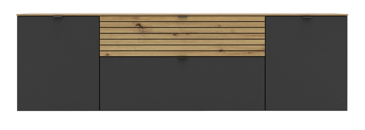 Frontansicht eines modernen TV-Lowboards mit dunklen Türen und einer Holzlamellen-Schublade.