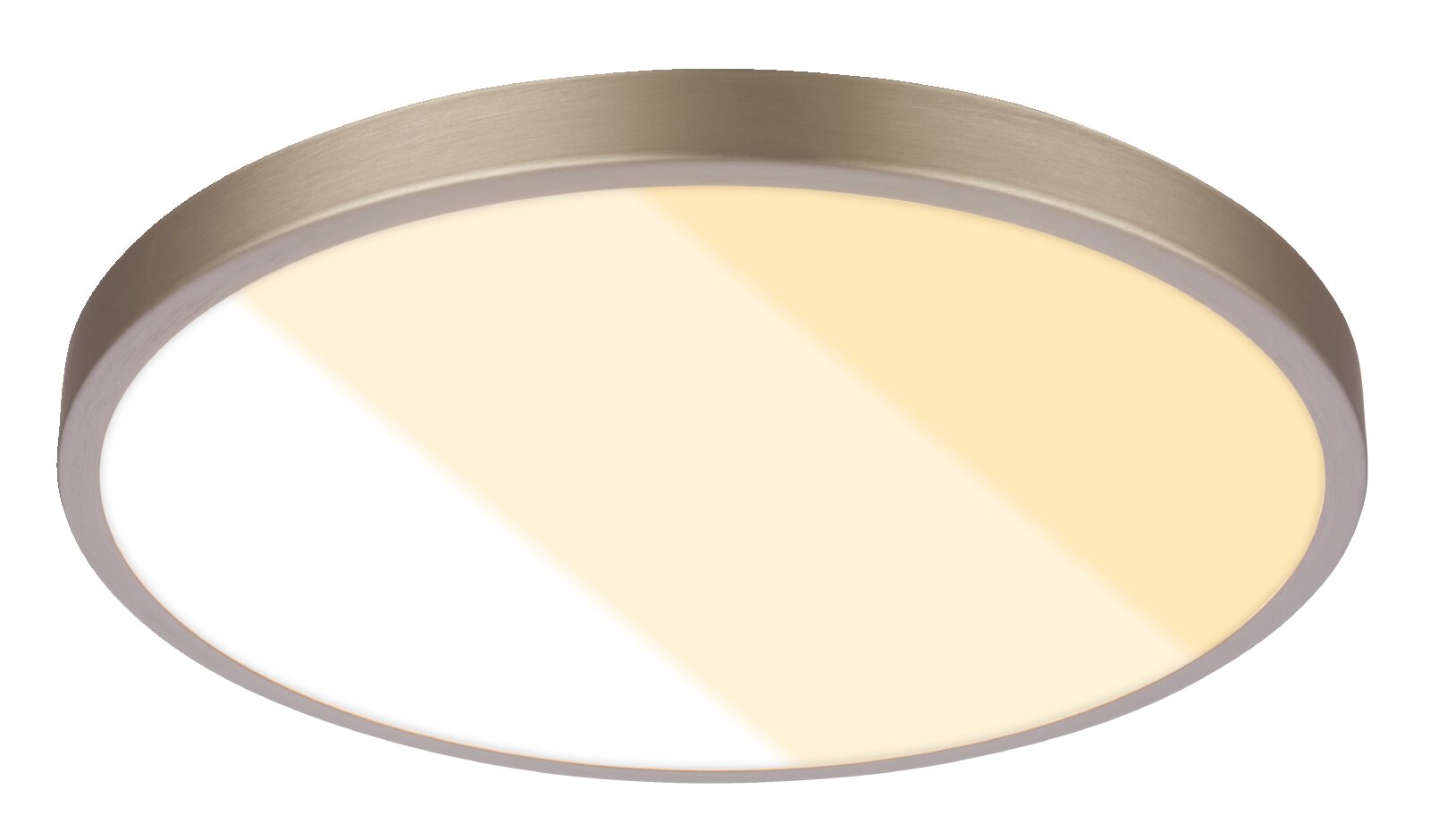 Briloner LED-plafondlamp SHINE Ronde, platte LED plafondlamp met geborsteld metalen rand en diffuse afdekking, getoond in schuin onderaanzicht (perspectief) op witte achtergrond.