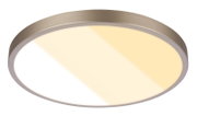 Ronde, platte LED plafondlamp met geborsteld metalen rand en diffuse afdekking, getoond in schuin onderaanzicht (perspectief) op witte achtergrond.