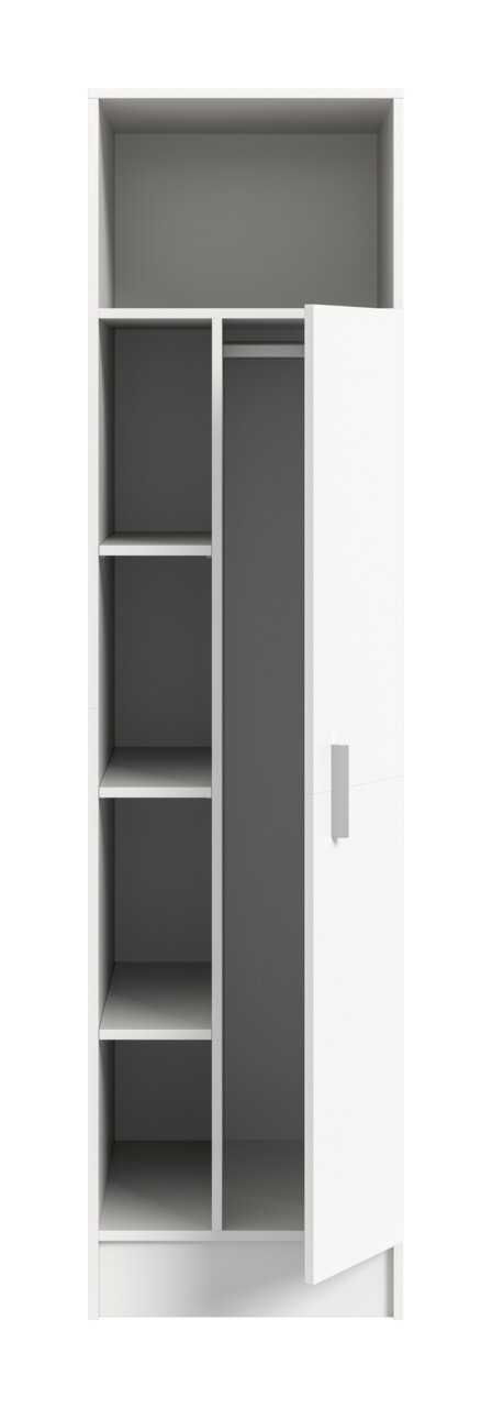 Weißer Kleiderschrank mit geöffneter Tür, Innenansicht mit Kleiderstange rechts und mehreren Regalfächern links, frontale Perspektive