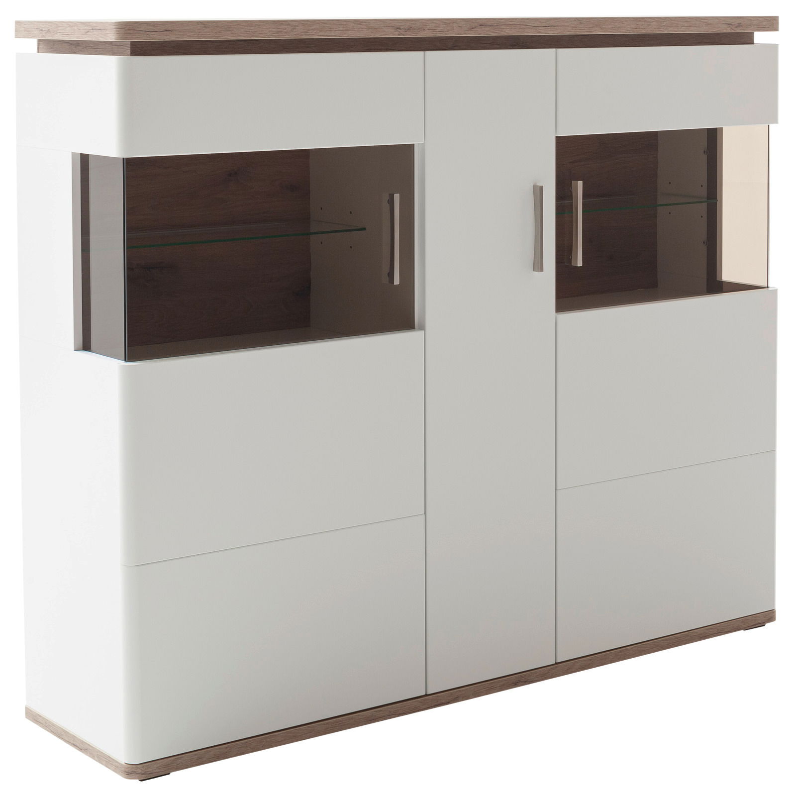 Modernes Highboard mit weißer Front und Holzakzenten, seitliche Perspektive