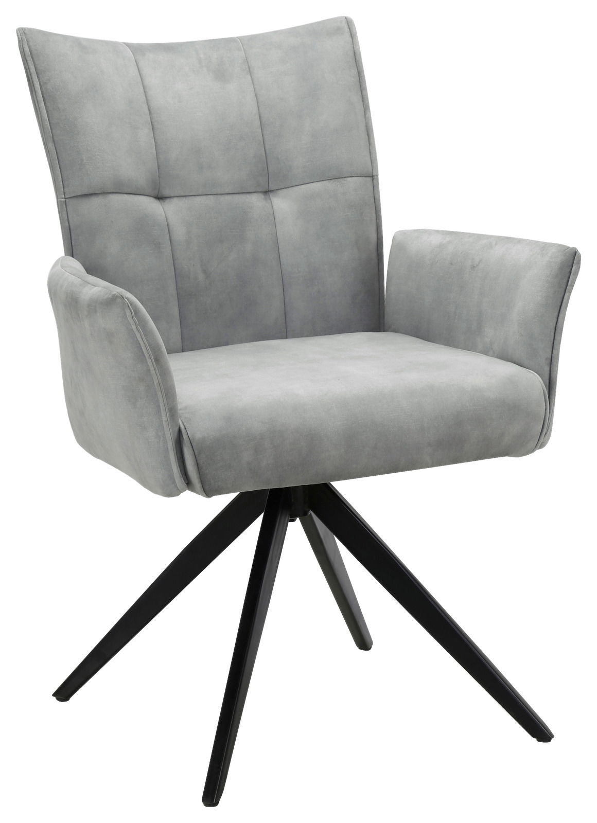 Hom´in Armlehnstuhl EDUARDO Grauer Armlehnstuhl mit gepolsterter Sitzfläche und Rückenlehne, auf schwarzem Drehgestell, seitliche Perspektive