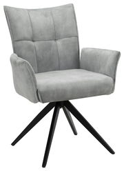 Grauer Armlehnstuhl mit gepolsterter Sitzfläche und Rückenlehne, auf schwarzem Drehgestell, seitliche Perspektive