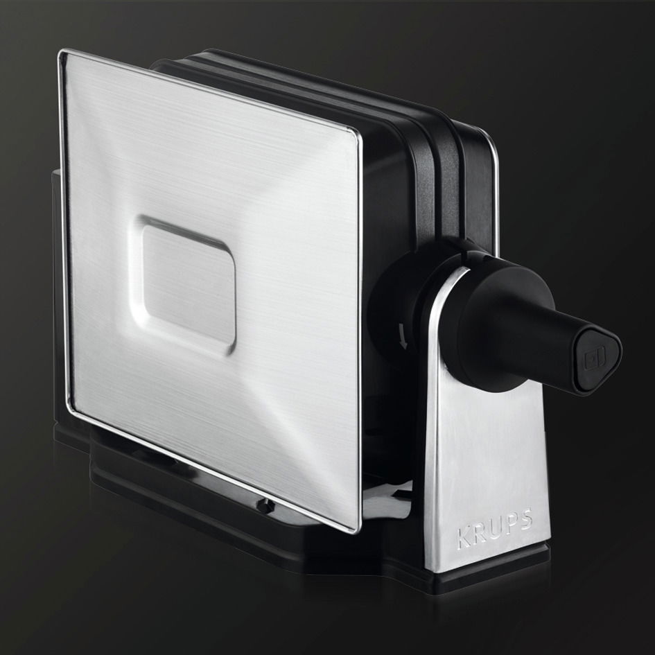 Waffeleisen Professional in seitlicher Perspektive mit Edelstahlgehäuse und schwarzem Griff.