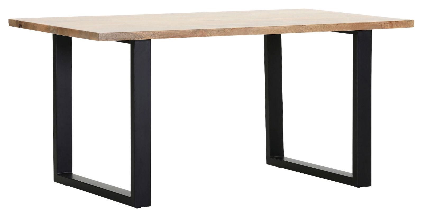 Moderner Esstisch mit Holzplatte und schwarzen Metallbeinen, seitliche Perspektive