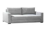 Graues Querschläfer-Sofa mit geraden Linien und zwei Rückenkissen, Vorderansicht