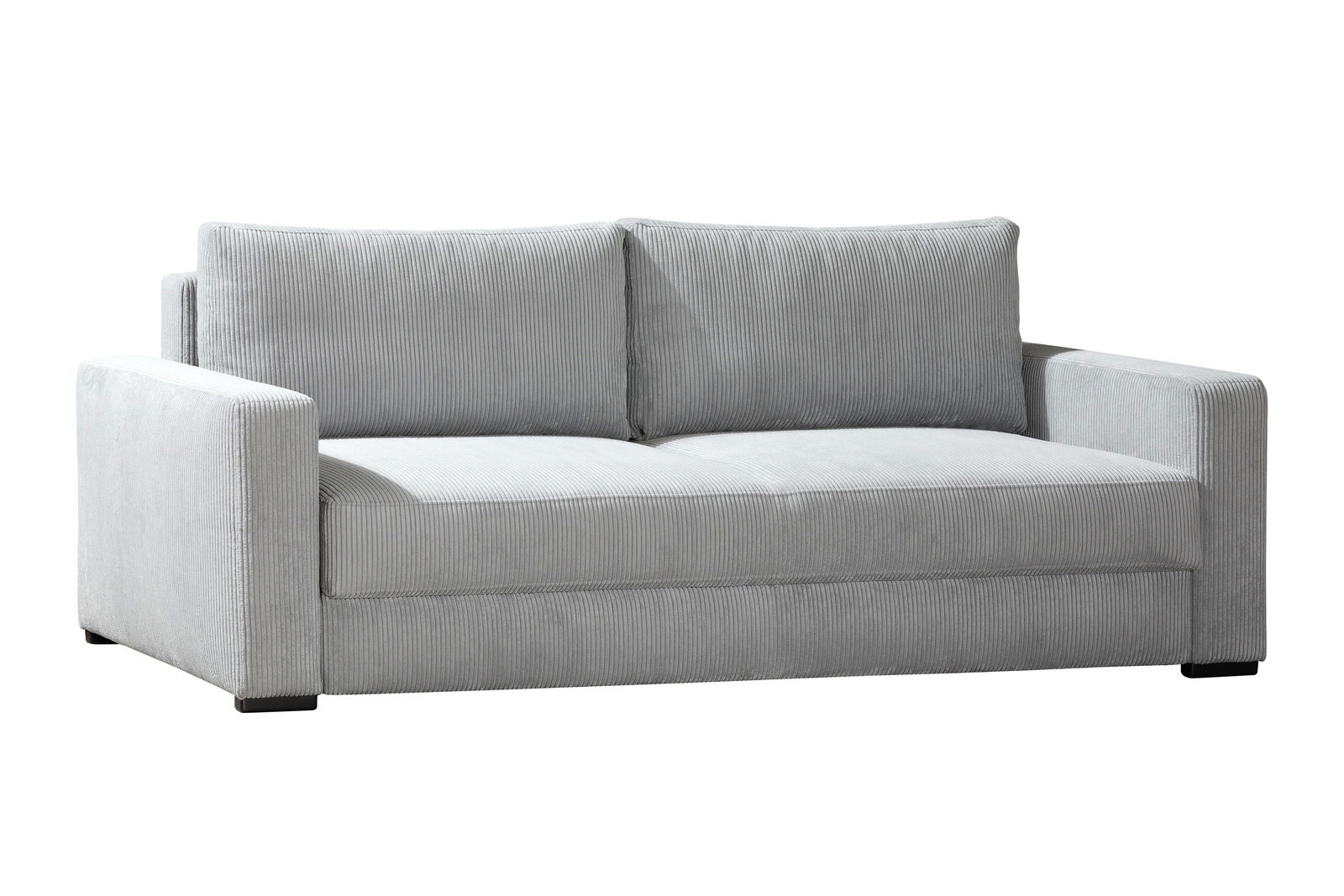 Graues Querschläfer-Sofa mit geraden Linien und zwei Rückenkissen, Vorderansicht