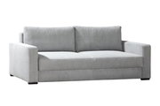 Graues Querschläfer-Sofa mit geraden Linien und zwei Rückenkissen, Vorderansicht