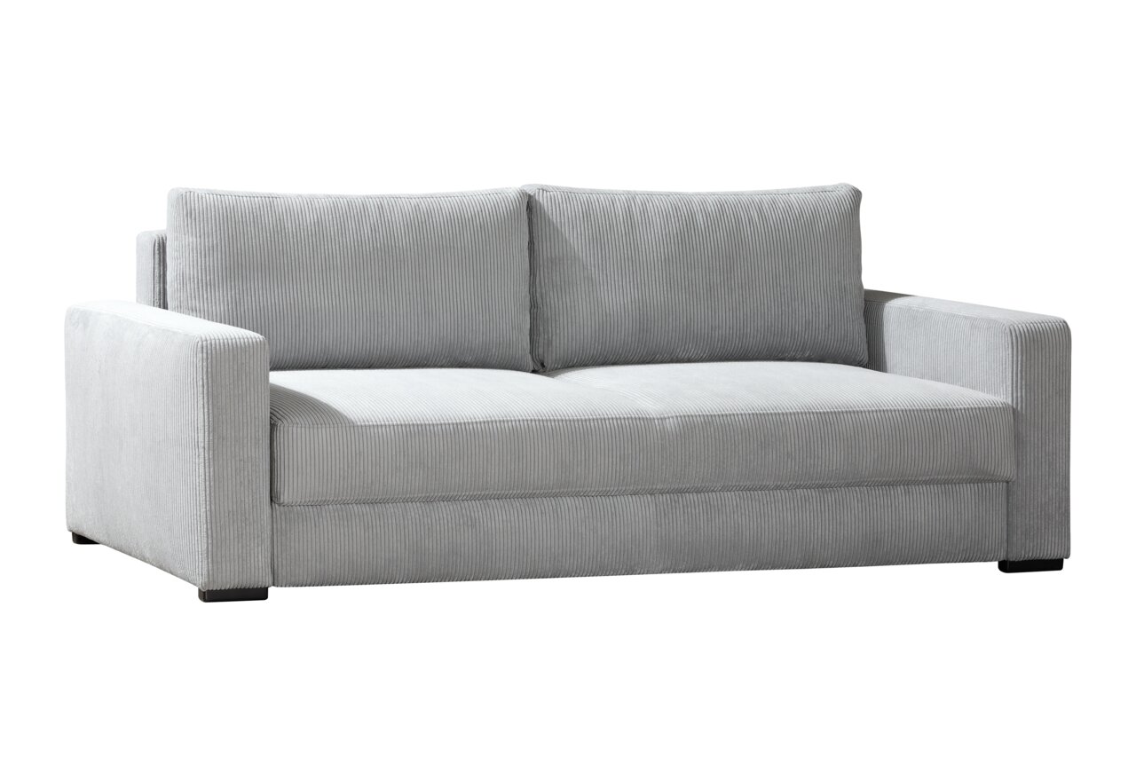 Graues Querschläfer-Sofa mit geraden Linien und zwei Rückenkissen, Vorderansicht