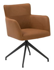 Moderner brauner Sessel mit schwarzem Metallgestell, seitliche Perspektive