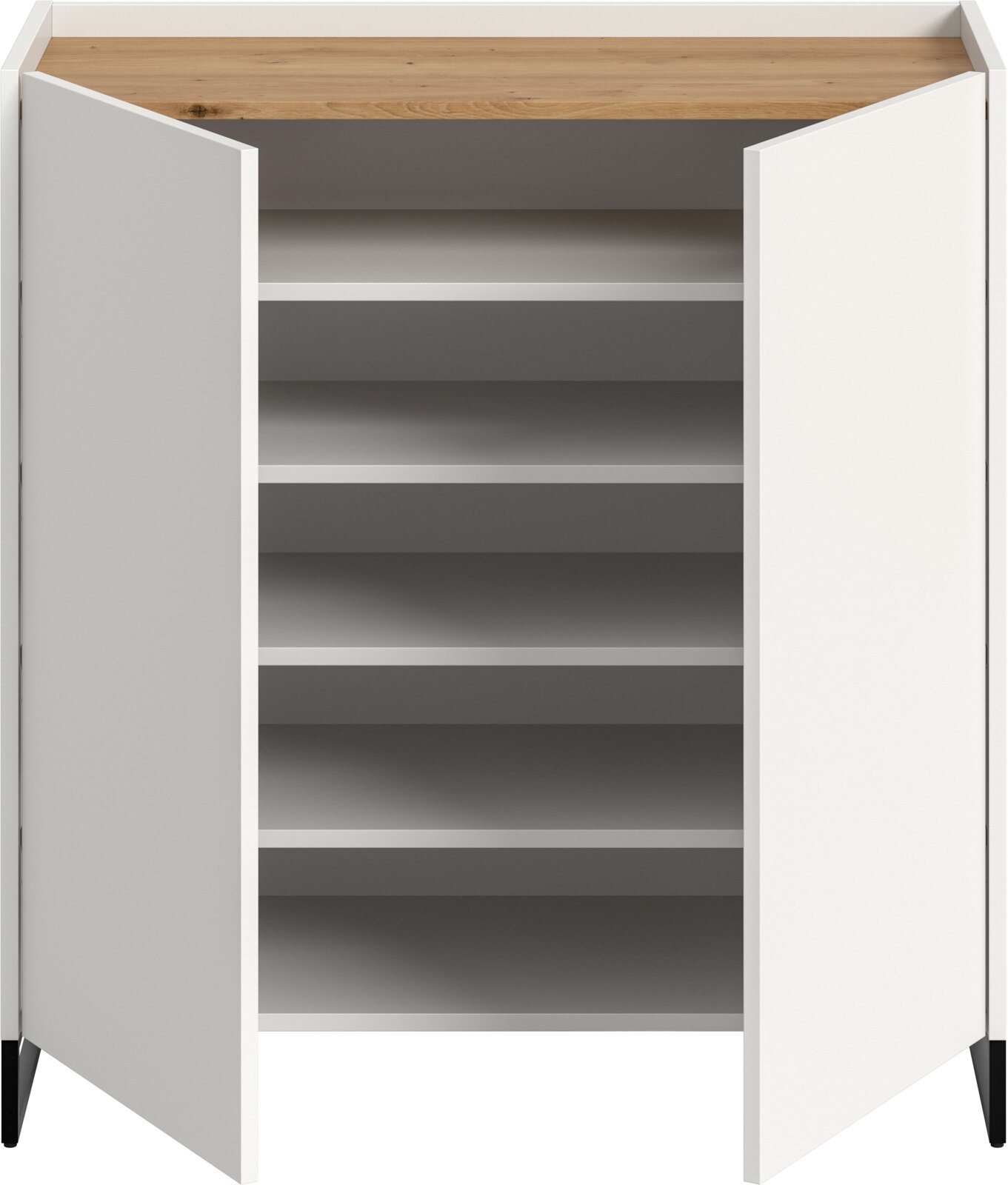 Weißer Hochschrank mit Holzoptik-Oberplatte und geöffneten Türen, innen mehrere Einlegeböden, Frontansicht leicht von oben.