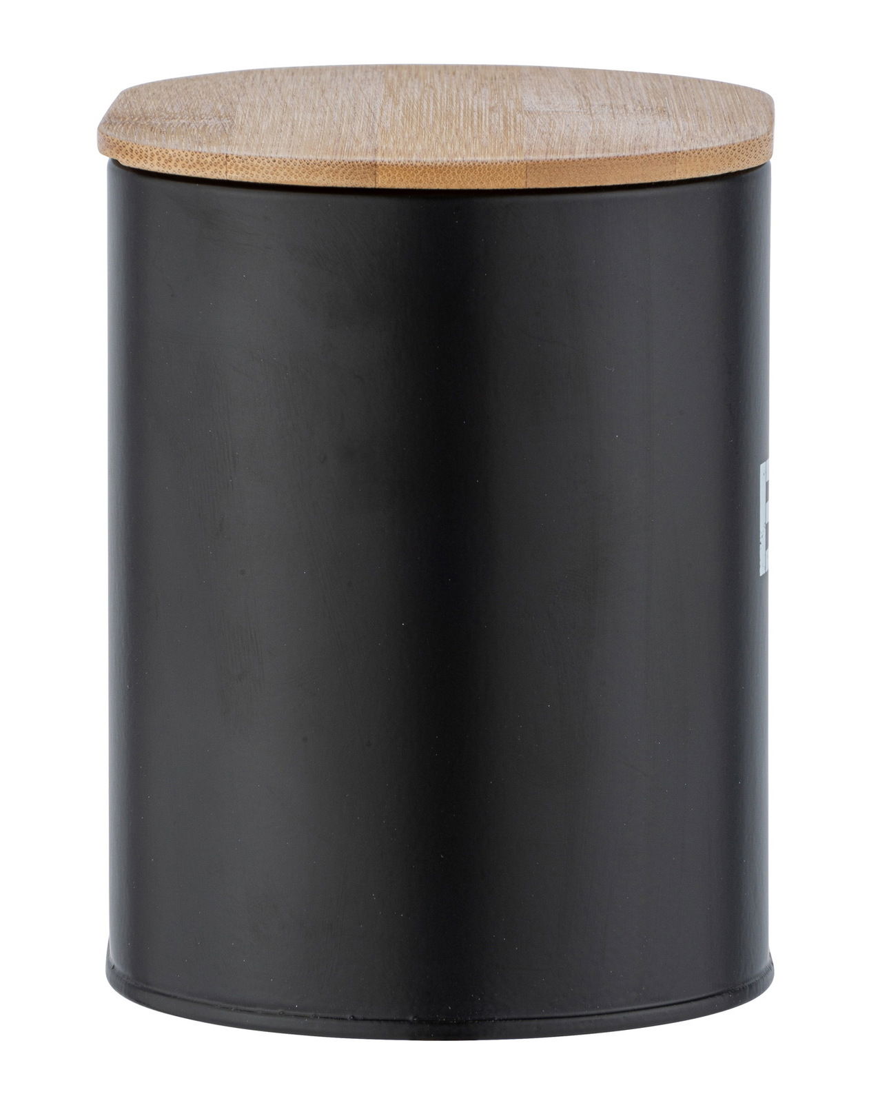 Schwarze Badbox mit rundem Holzdeckel, frontal fotografiert.