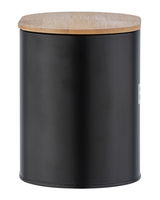 Schwarze Badbox mit rundem Holzdeckel, frontal fotografiert.