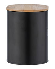 Schwarze Badbox mit rundem Holzdeckel, frontal fotografiert.