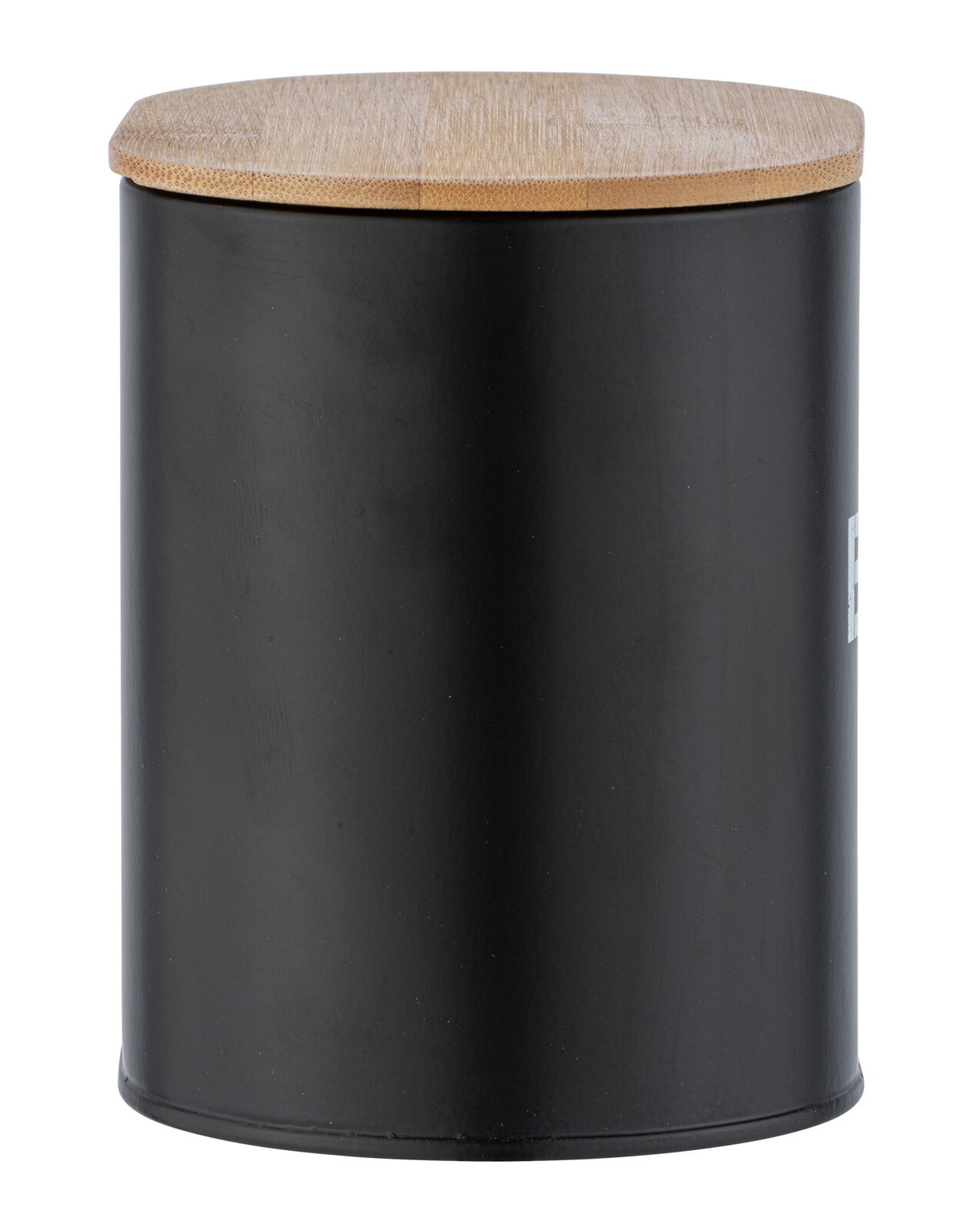 Schwarze Badbox mit rundem Holzdeckel, frontal fotografiert.