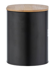 Schwarze Badbox mit rundem Holzdeckel, frontal fotografiert.