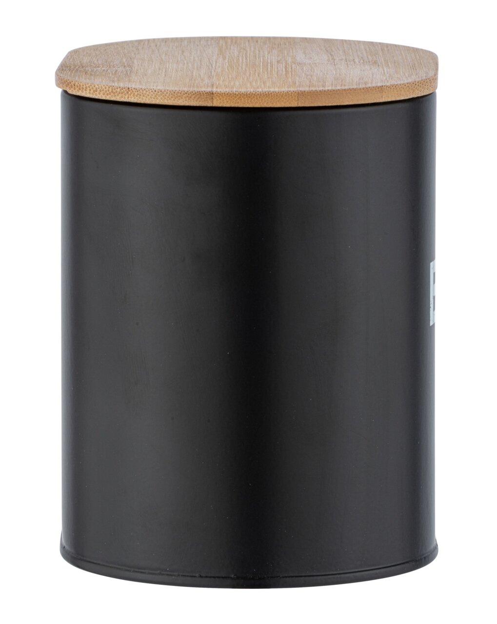 Schwarze Badbox mit rundem Holzdeckel, frontal fotografiert.