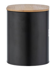 Schwarze Badbox mit rundem Holzdeckel, frontal fotografiert.