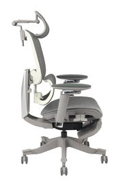 Moderner ergonomischer Drehstuhl in Seitenansicht mit verstellbarer Kopfstütze und Armlehnen, graues Design auf Rollen.