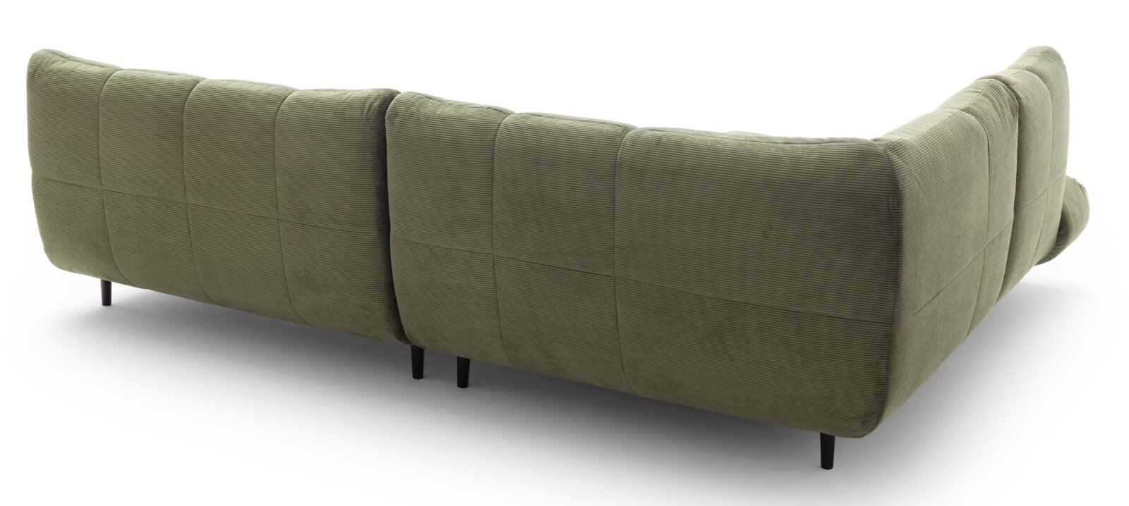 Achterkant van een groene hoekbank met moderne, slanke poten.