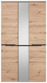 Frontansicht eines XXL-Schuh- und Garderobenschranks mit Holzoptik und zentralem Spiegel.