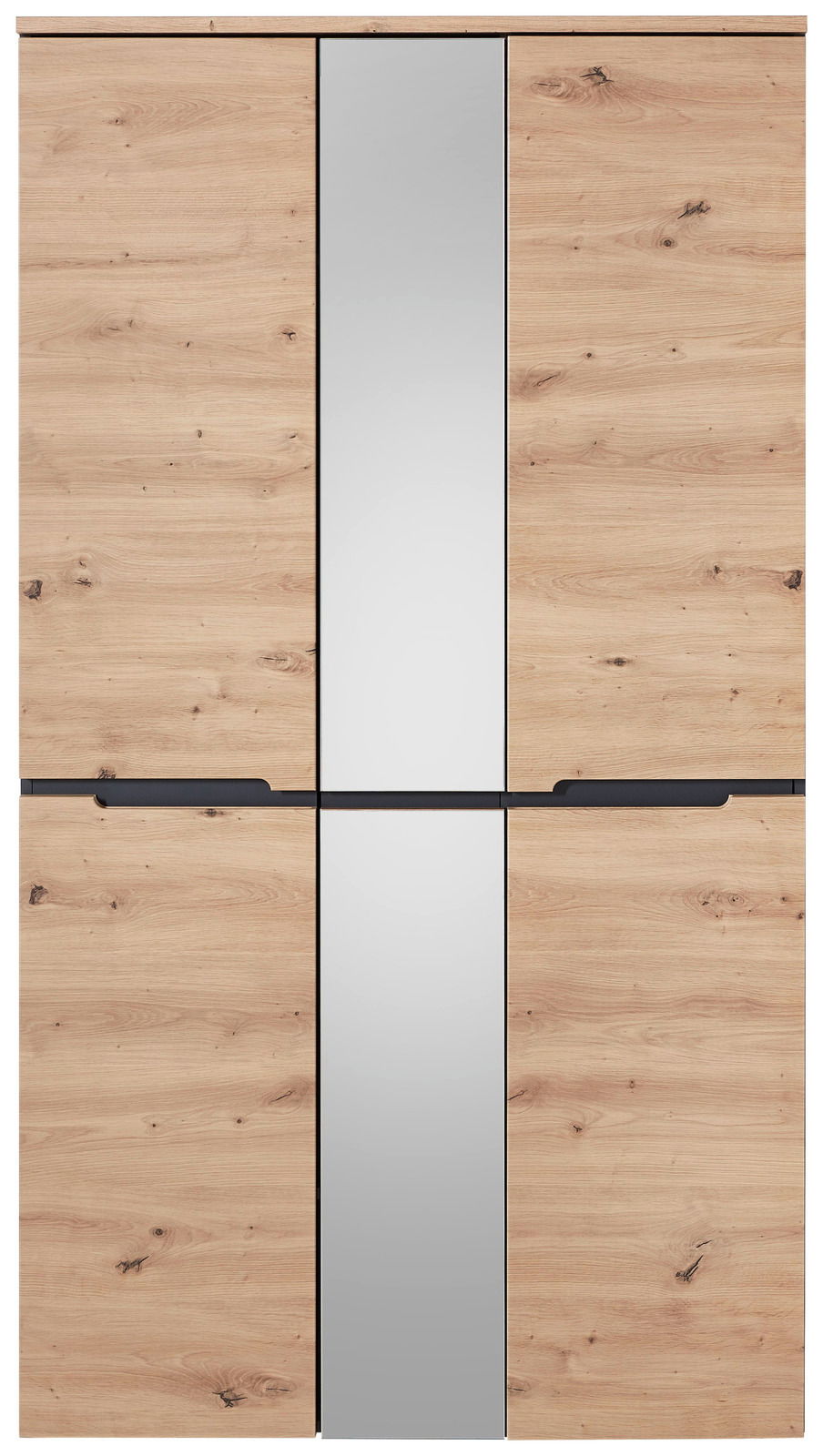 Frontansicht eines XXL-Schuh- und Garderobenschranks mit Holzoptik und zentralem Spiegel.