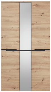 Frontansicht eines XXL-Schuh- und Garderobenschranks mit Holzoptik und zentralem Spiegel.