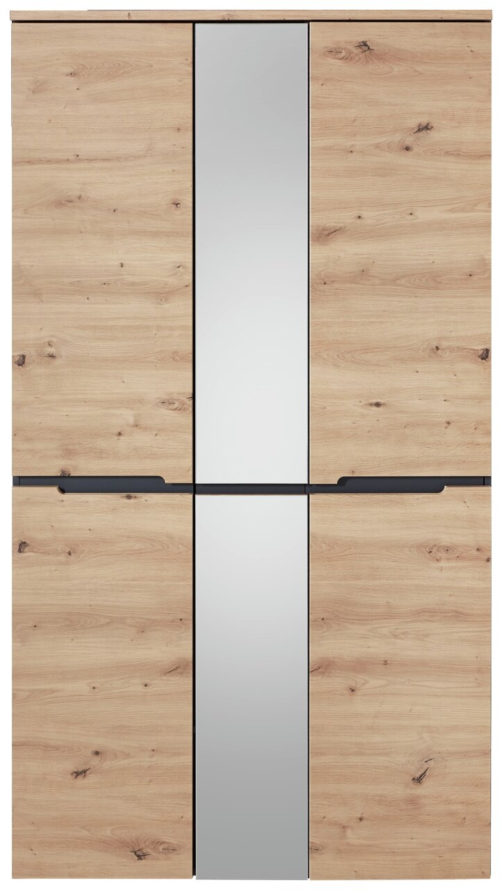 Frontansicht eines XXL-Schuh- und Garderobenschranks mit Holzoptik und zentralem Spiegel.