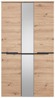 Frontansicht eines XXL-Schuh- und Garderobenschranks mit Holzoptik und zentralem Spiegel.