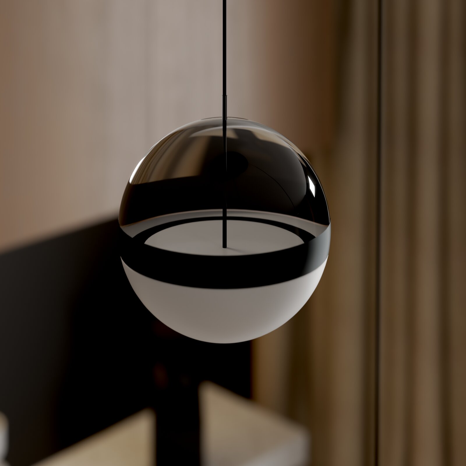 Moderne kugelförmige Pendelleuchte in Schwarz-Weiß mit glänzender Oberfläche, an schwarzem Kabel hängend, Detailansicht aus leicht seitlicher Perspektive vor unscharfem Innenraum-Hintergrund