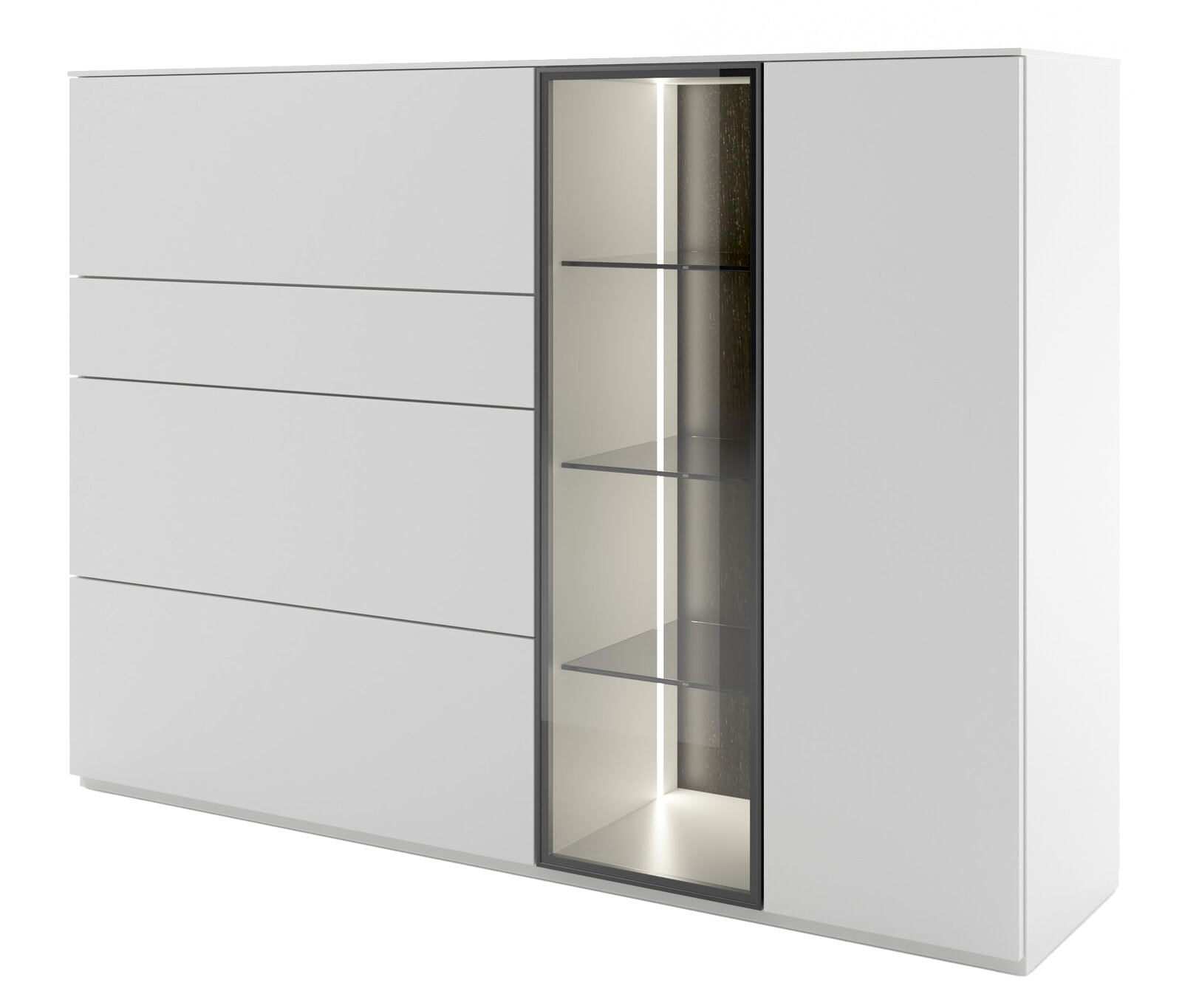 Weißes Highboard mit vier Schubladen auf der linken Seite und einem verglasten Vitrinenbereich mit drei Glasböden auf der rechten Seite, perspektivisch von vorne links betrachtet.