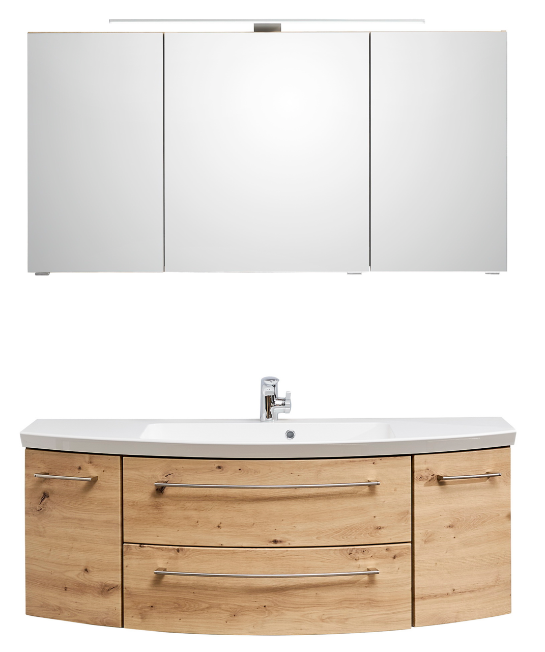 Sadena Badkombination 3-tlg. PLAKA Frontale Ansicht einer dreiteiligen Badkombination mit Spiegelschrank und Waschtisch in Holzoptik.