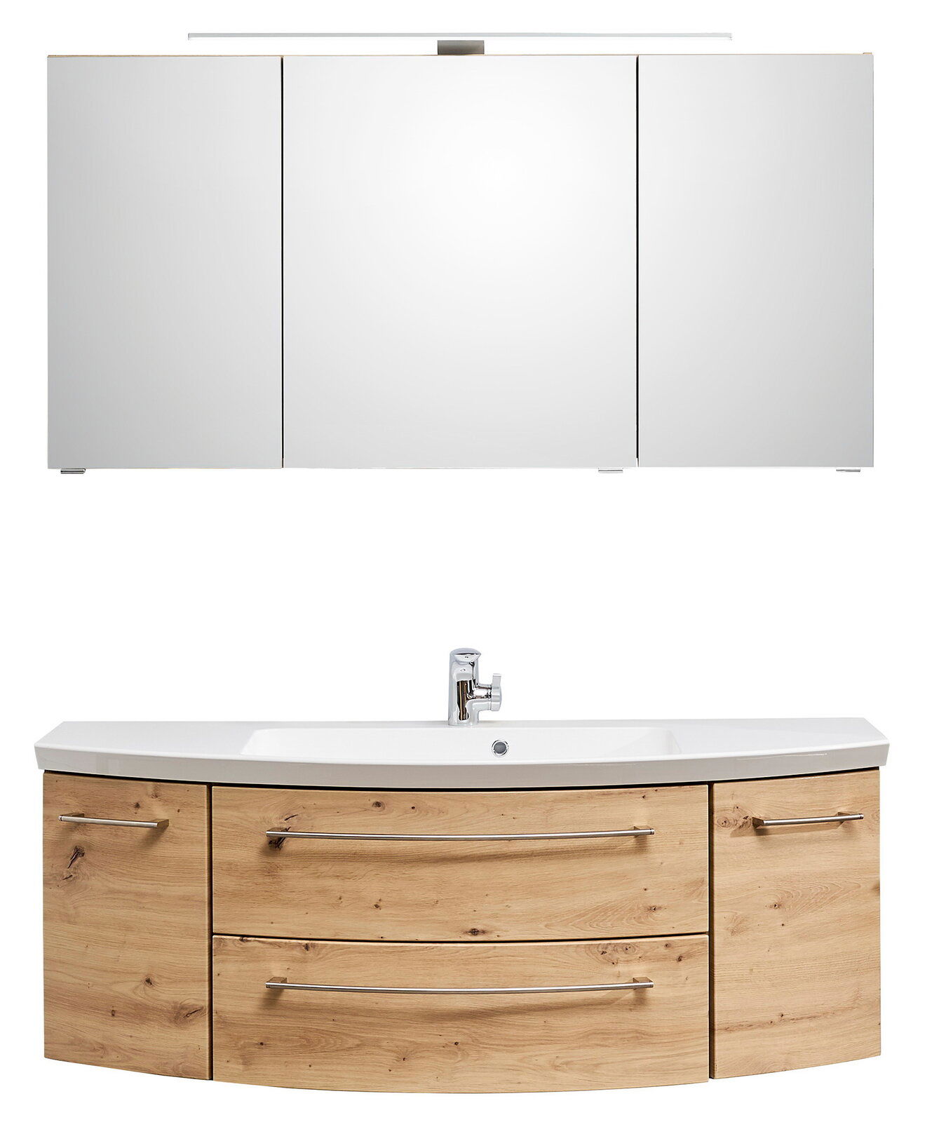 Frontale Ansicht einer dreiteiligen Badkombination mit Spiegelschrank und Waschtisch in Holzoptik.