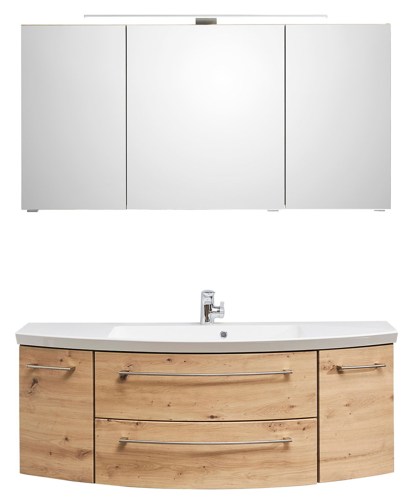 Frontale Ansicht einer dreiteiligen Badkombination mit Spiegelschrank und Waschtisch in Holzoptik.