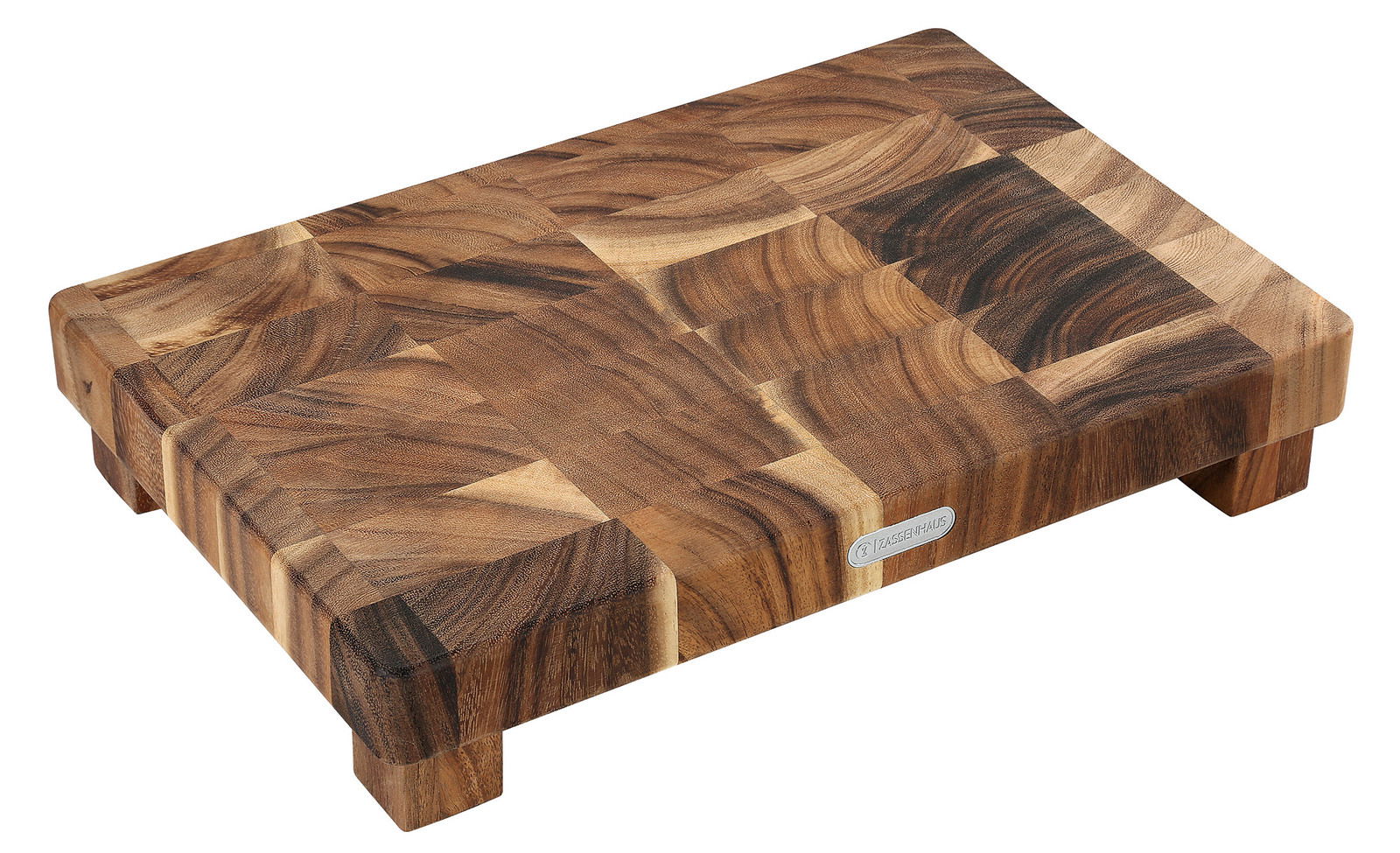Hackblock aus Akazienholz in Stirnholzoptik, perspektivisch von schräg oben fotografiert
