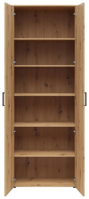 Offener Mehrzweckschrank aus Holz mit fünf Regalböden, frontal betrachtet.