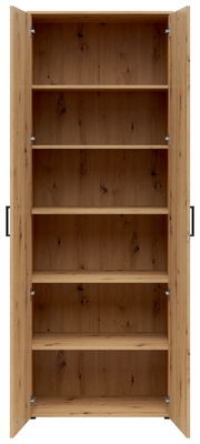 Offener Mehrzweckschrank aus Holz mit fünf Regalböden, frontal betrachtet.