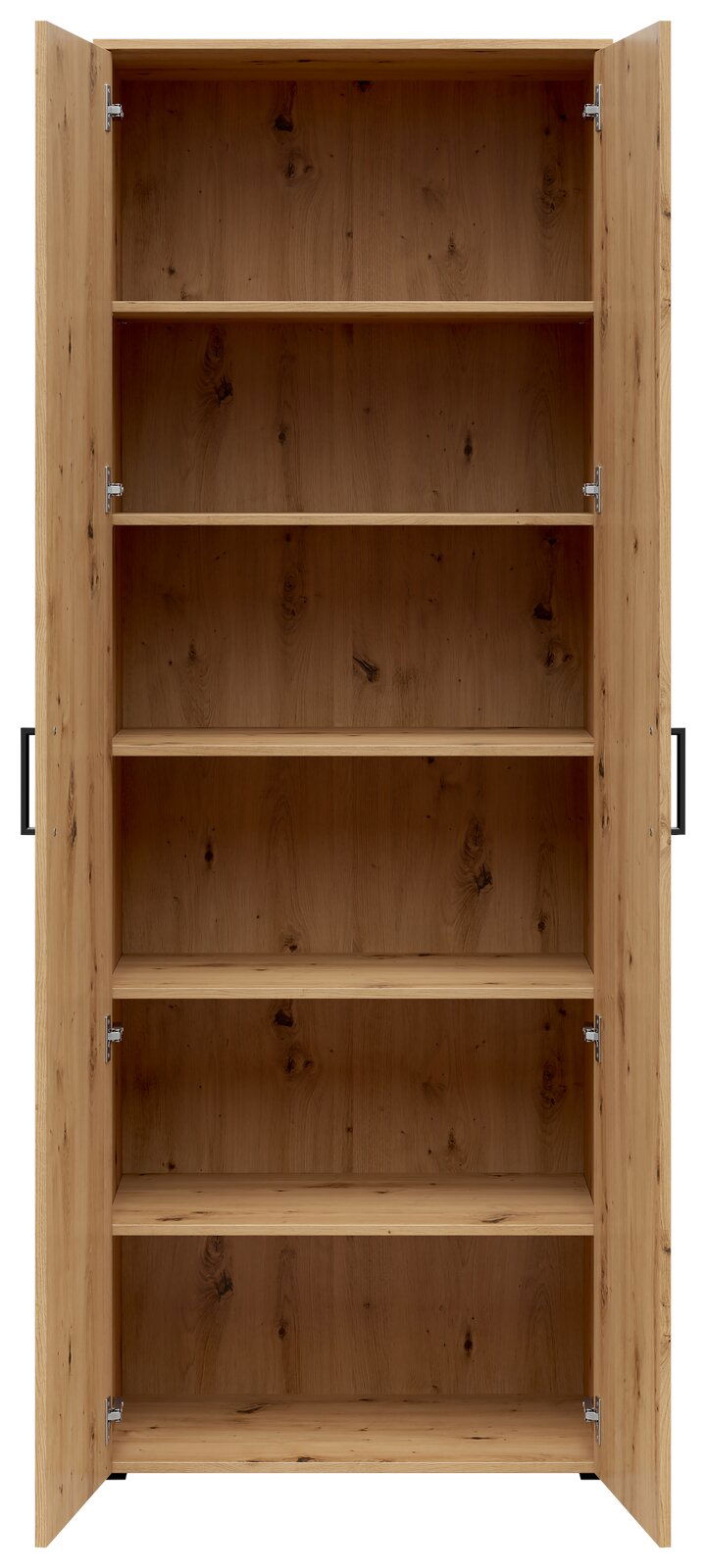 Offener Mehrzweckschrank aus Holz mit fünf Regalböden, frontal betrachtet.