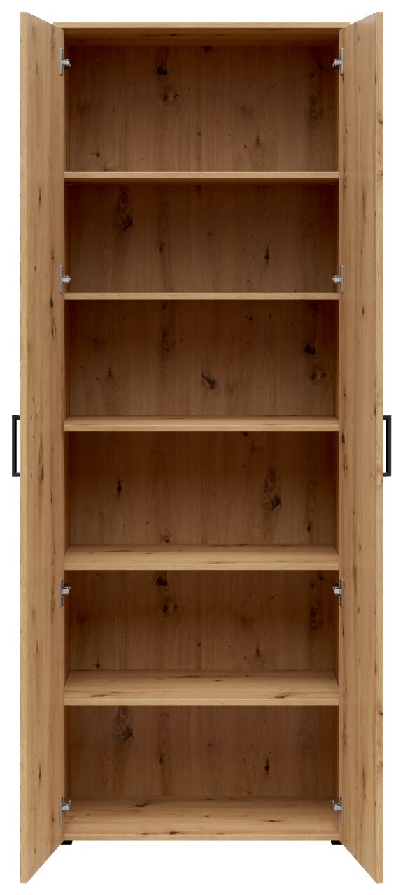 Offener Mehrzweckschrank aus Holz mit fünf Regalböden, frontal betrachtet.