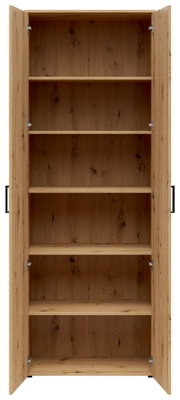 Offener Mehrzweckschrank aus Holz mit fünf Regalböden, frontal betrachtet.