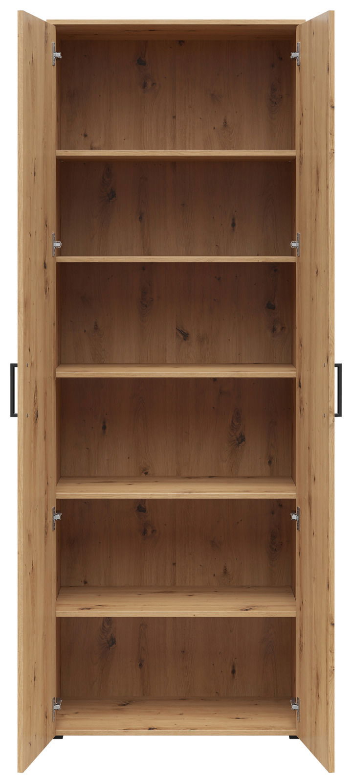 Offener Mehrzweckschrank aus Holz mit fünf Regalböden, frontal betrachtet.