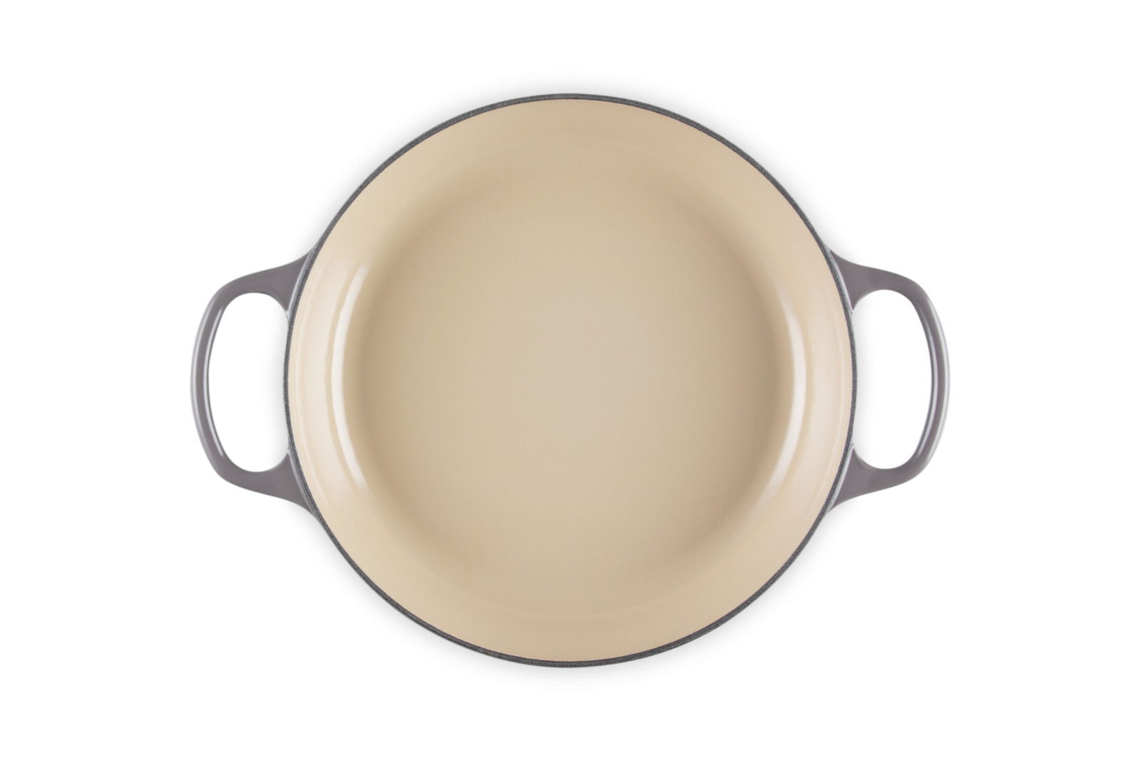 Ansicht von oben auf einen runden, cremefarbenen Gourmet Profitopf mit zwei seitlichen Griffen in flint.
