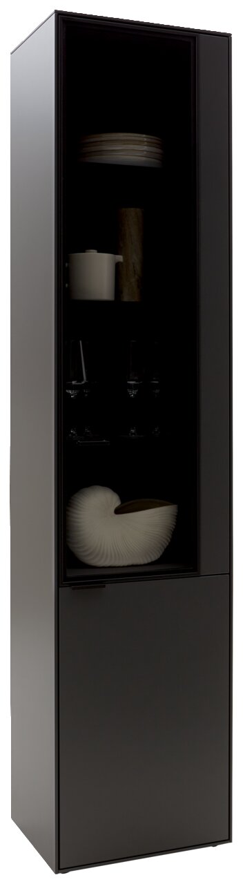 Moderne schwarze Vitrine mit Glastür, gefüllt mit Geschirr und Dekorationen, seitliche Perspektive.