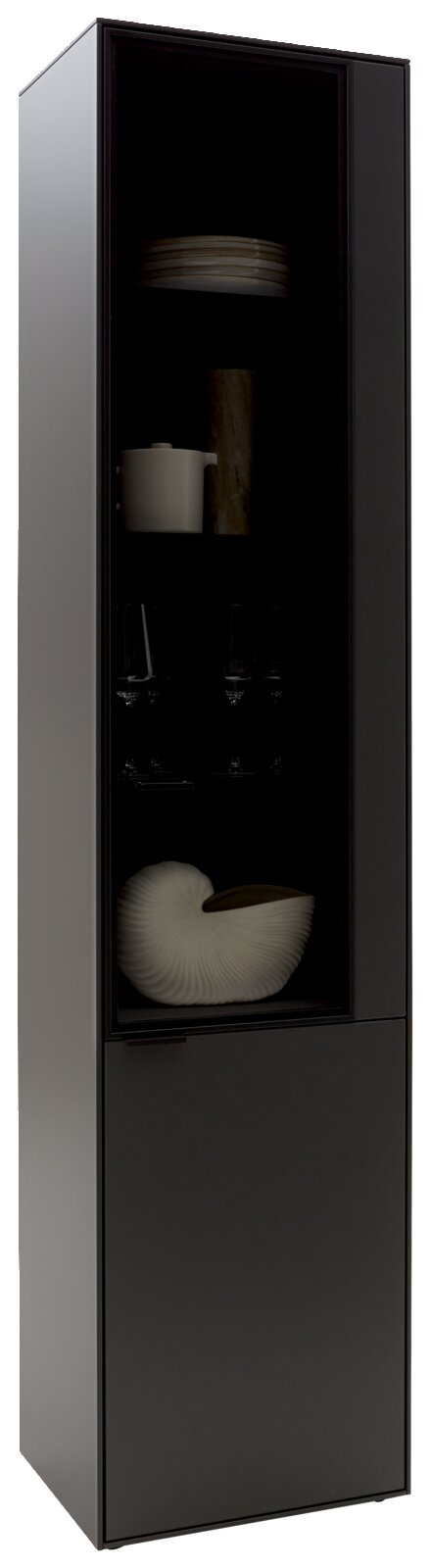 Dieter Knoll Vitrine RINA Moderne zwarte vitrinekast met glazen deur, gevuld met serviesgoed en decoraties, gezien vanaf de zijkant.