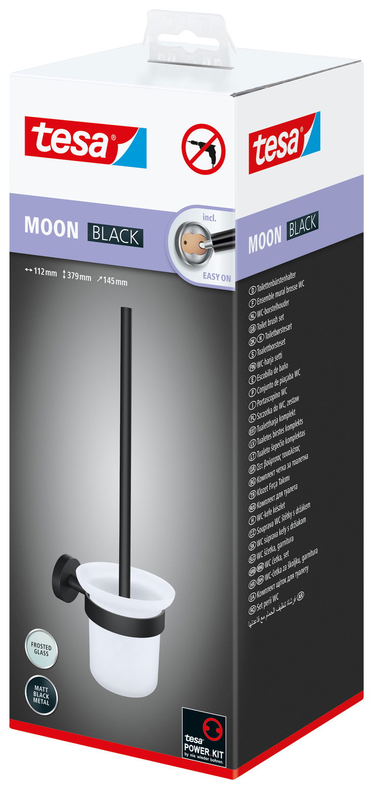 Verpackung des tesa MOON BLACK WC-Bürstenhalters mit mattschwarzem Metall und satiniertem Glas, seitliche Perspektive