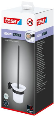 Verpackung des tesa MOON BLACK WC-Bürstenhalters mit mattschwarzem Metall und satiniertem Glas, seitliche Perspektive