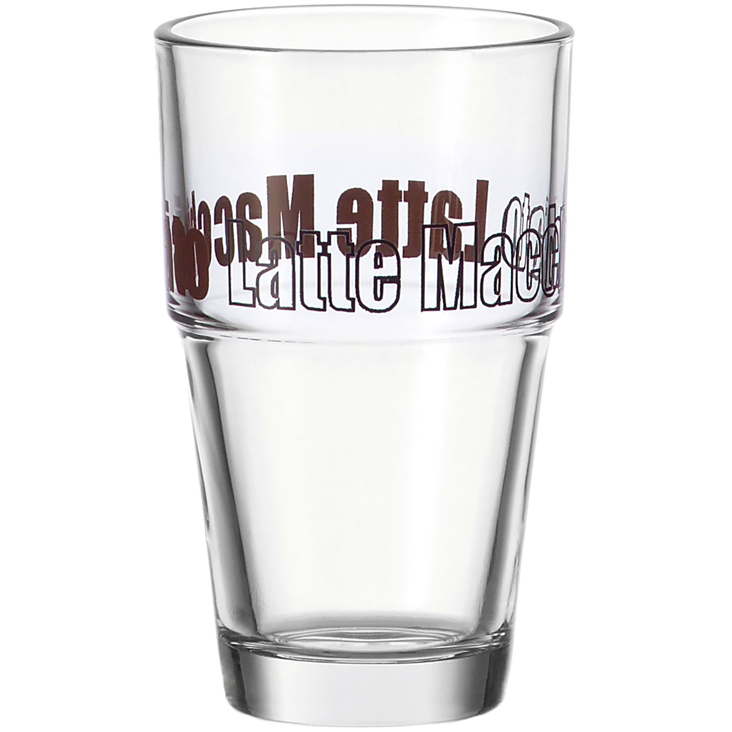 Latte Macchiato Becher aus Glas mit Schriftzug, frontal fotografiert