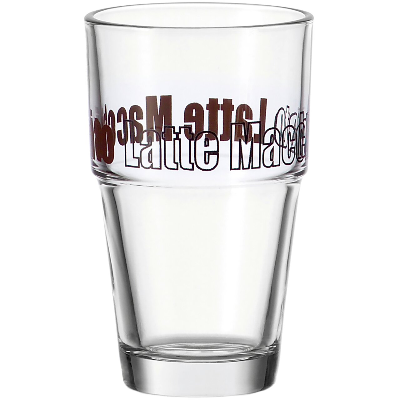 Latte Macchiato Becher aus Glas mit Schriftzug, frontal fotografiert