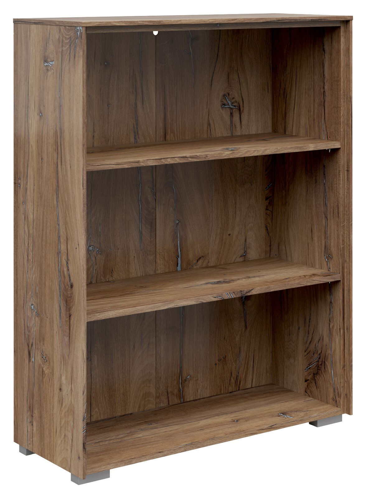 Holz-Aktenregal mit drei offenen Fächern, frontal leicht von der Seite betrachtet.