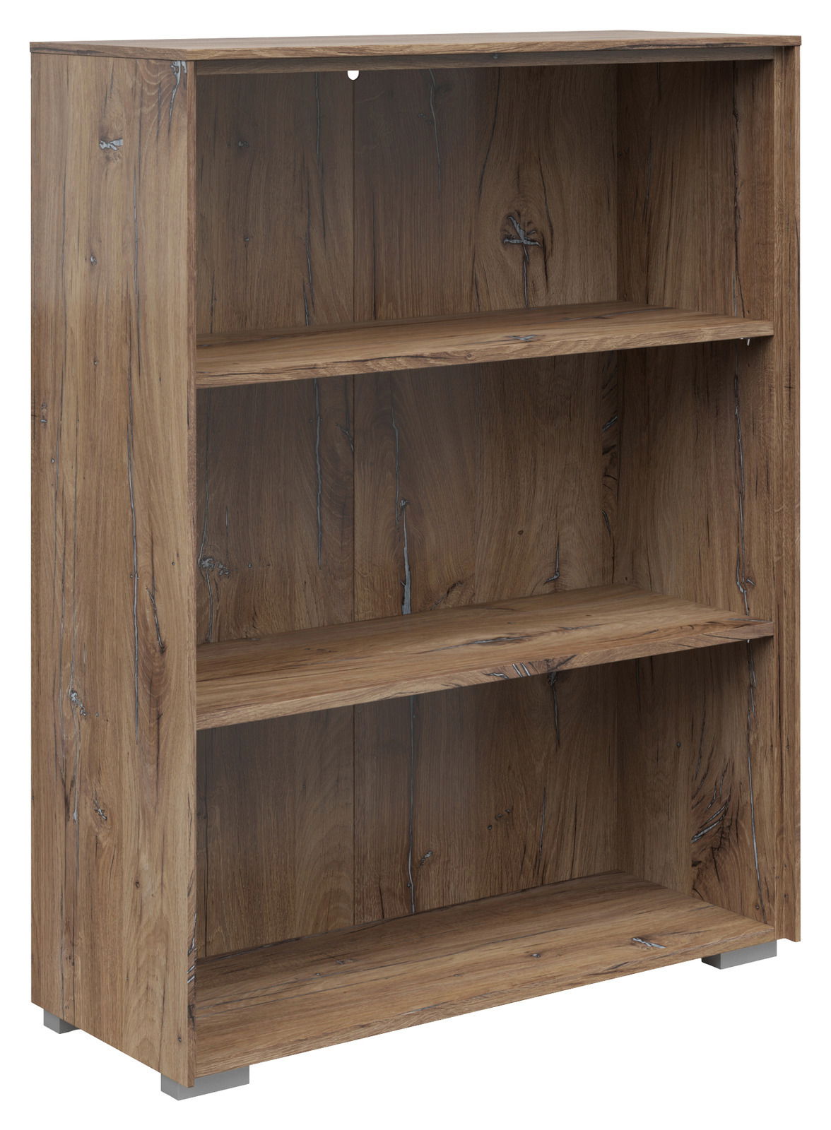 Holz-Aktenregal mit drei offenen Fächern, frontal leicht von der Seite betrachtet.